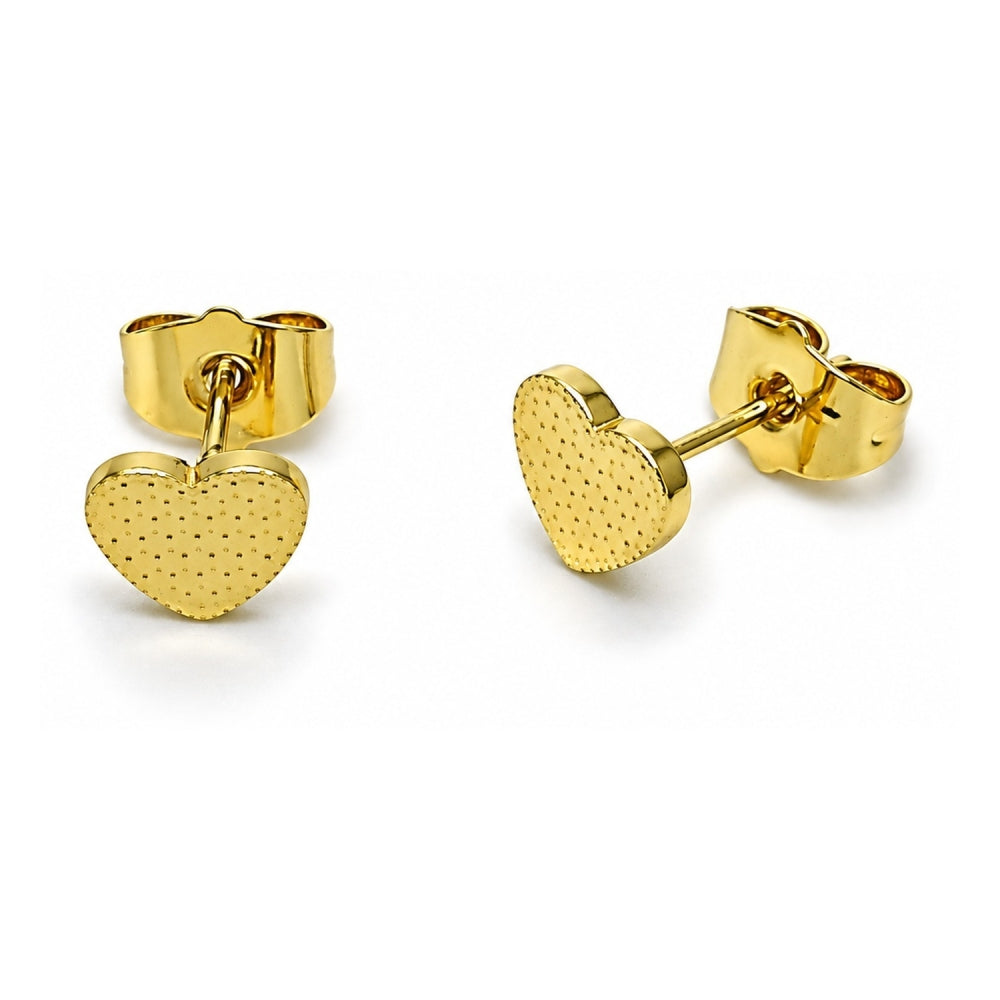 Oro Laminado Stud Earring, Gold Filled Style Heart Design, Diamond Cutting Finish, Golden Finish