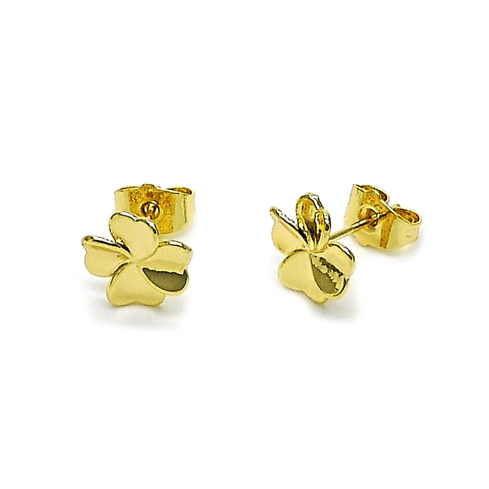 Oro Laminado Stud Earring, Gold Filled Style Four-leaf Clover and Heart Design, Polished, Golden Finish