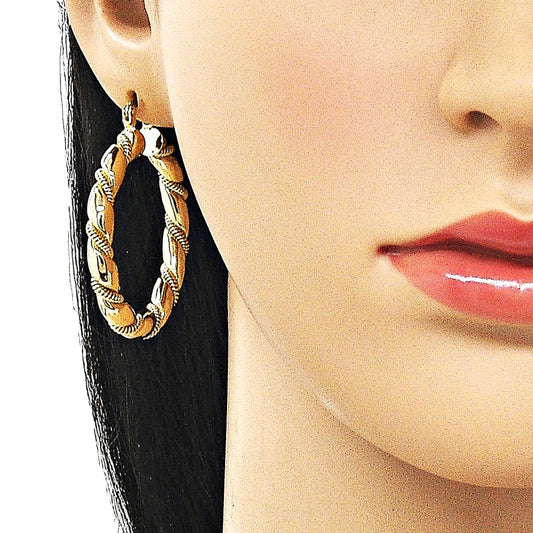 Oro Laminado Medium Hoop, Gold Filled Style Hollow and Twist Design, Polished, Golden Finish