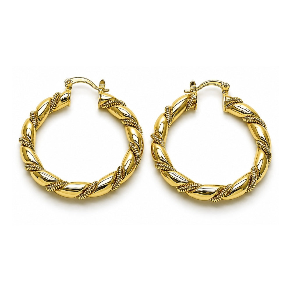 Oro Laminado Medium Hoop, Gold Filled Style Hollow and Twist Design, Polished, Golden Finish