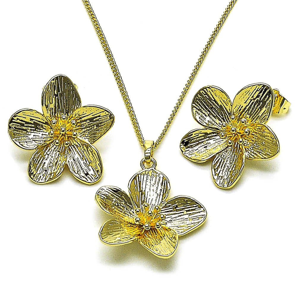 Oro Laminado Earring and Pendant Adult Set, Gold Filled Style Flower Design, Diamond Cutting Finish, Golden Finish