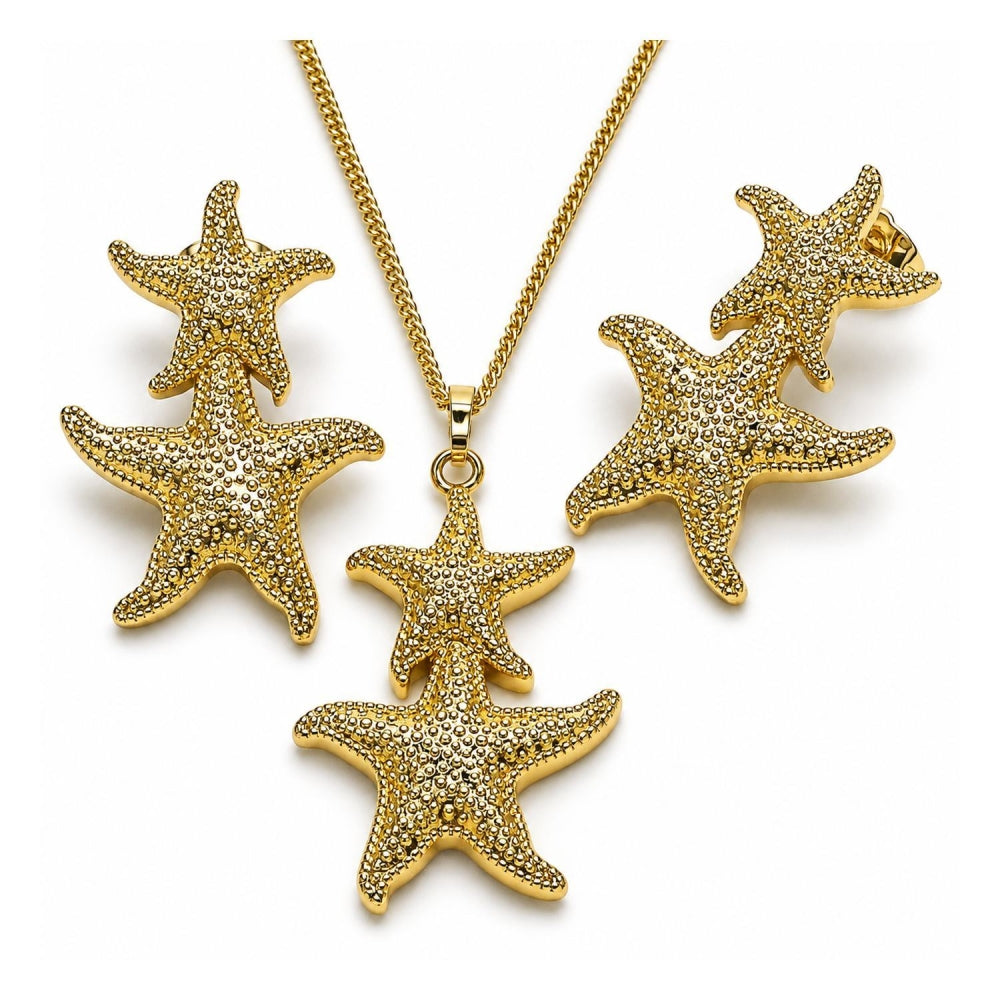 Oro Laminado Earring and Pendant Adult Set, Gold Filled Style Star Design, Matte Finish, Golden Finish