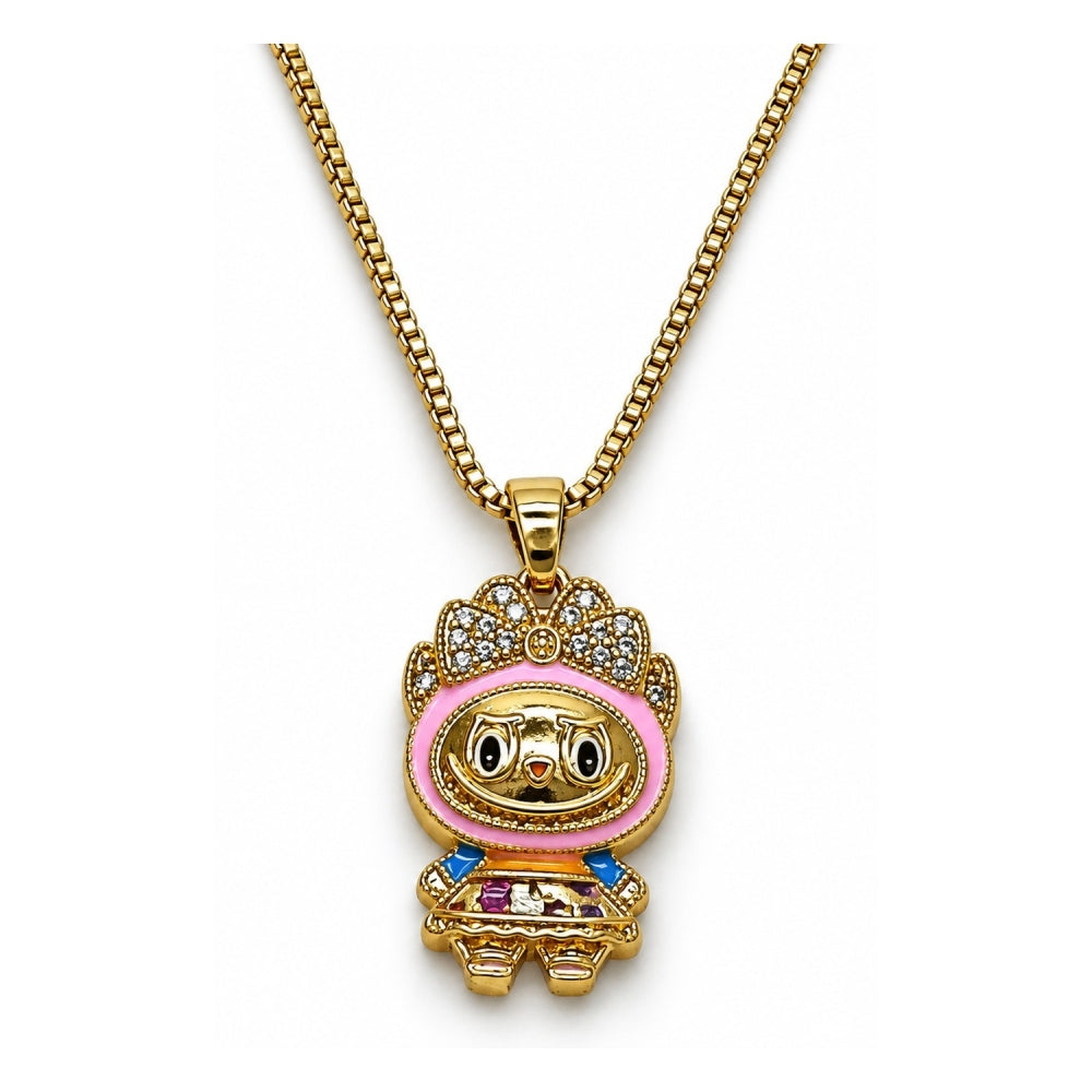 Oro Laminado Pendant Necklace, Gold Filled Style Box and Bow Design, with White Cubic Zirconia, Dark Pink Enamel Finish, Golden Finish