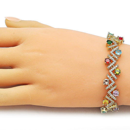 Oro Laminado Tennis Bracelet, Gold Filled Style Cluster Design, with Multicolor and White Cubic Zirconia, Polished, Golden Finish