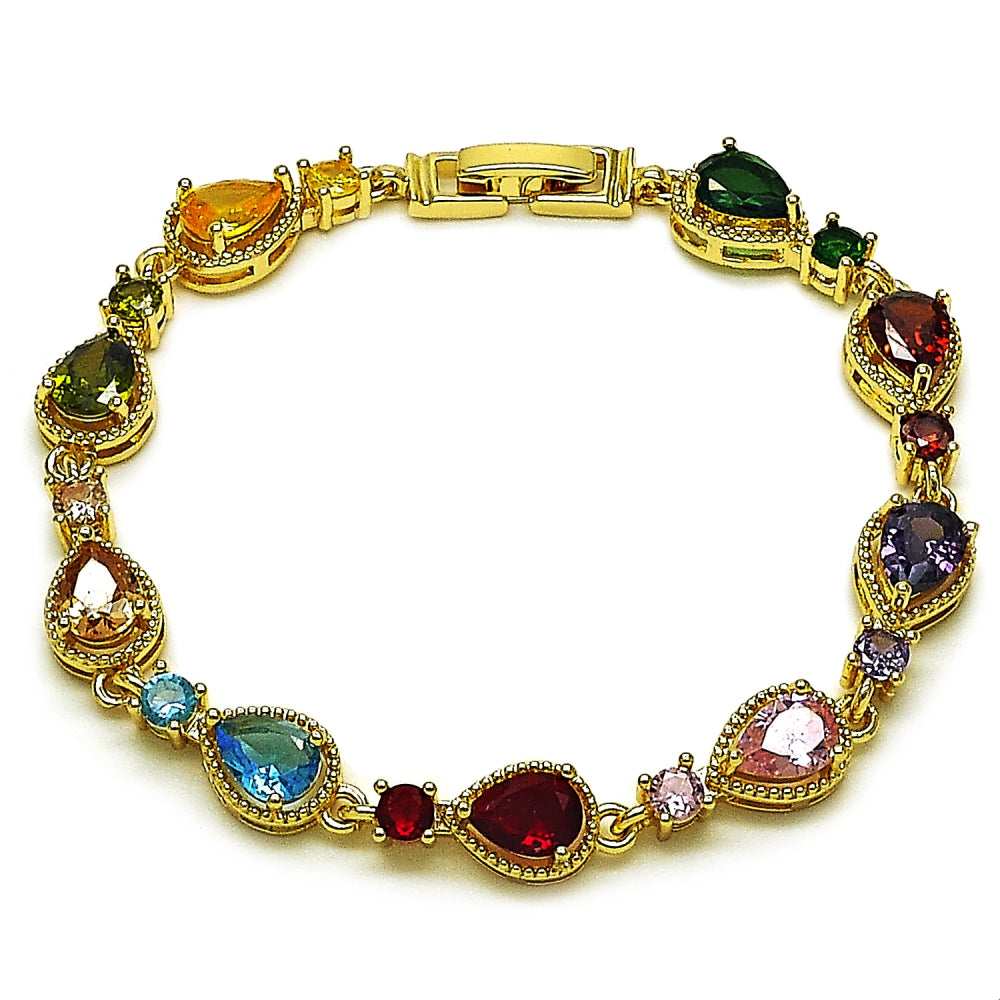 Oro Laminado Tennis Bracelet, Gold Filled Style Teardrop Design, with Multicolor Cubic Zirconia, Polished, Golden Finish