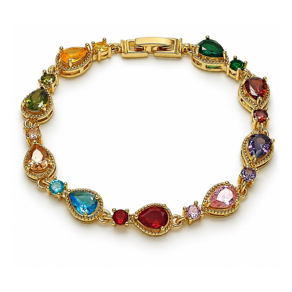 Oro Laminado Tennis Bracelet, Gold Filled Style Teardrop Design, with Multicolor Cubic Zirconia, Polished, Golden Finish