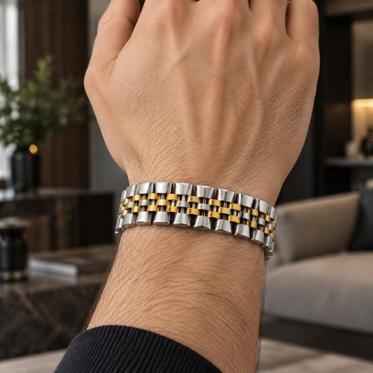 Stainless Steel Solid Bracelet, Polished, Two Tone