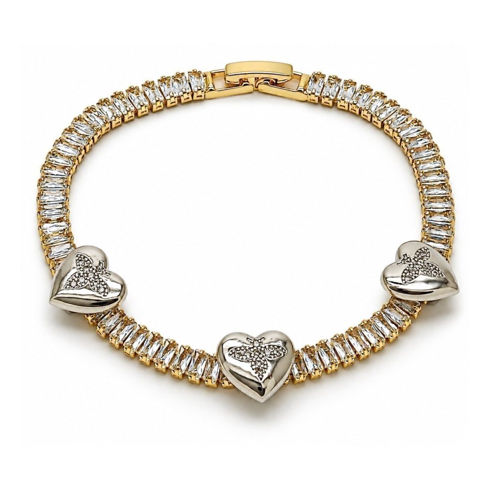 Oro Laminado Tennis Bracelet, Gold Filled Style Heart and Baguette Design, with White Cubic Zirconia and White Micro Pave, Polished, Two Tone