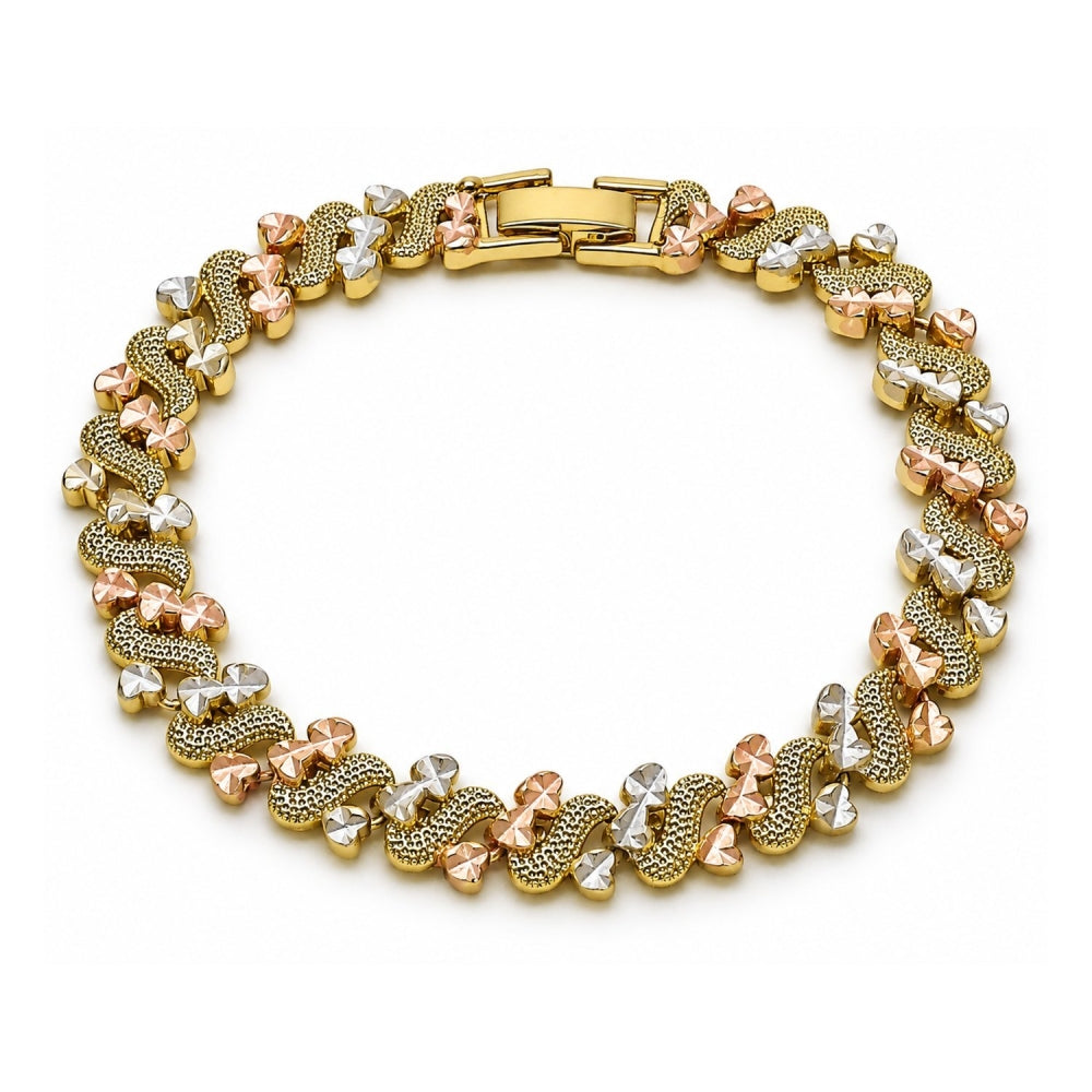 Oro Laminado Solid Bracelet, Gold Filled Style Heart Design, Diamond Cutting Finish, Tricolor