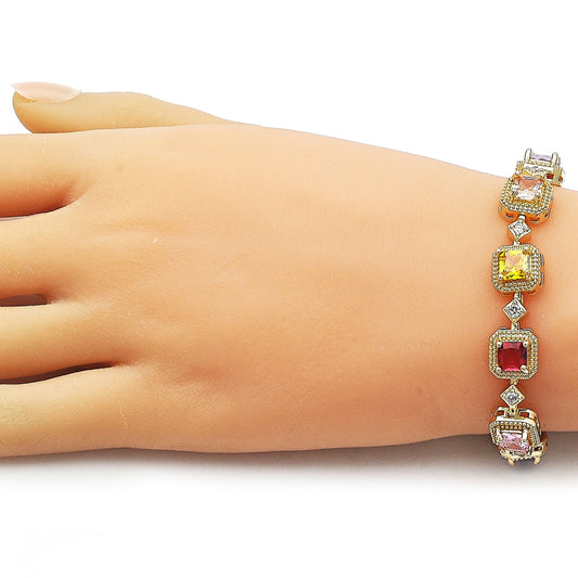 Oro Laminado Tennis Bracelet, Gold Filled Style Cluster Design, with Multicolor and White Cubic Zirconia, Matte Finish, Golden Finish