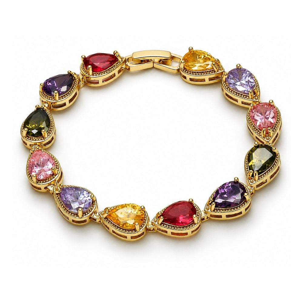 Oro Laminado Tennis Bracelet, Gold Filled Style Teardrop Design, with Multicolor Cubic Zirconia, Diamond Cutting Finish, Golden Finish
