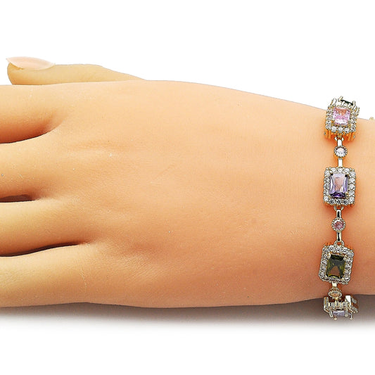 Oro Laminado Tennis Bracelet, Gold Filled Style Cluster Design, with Multicolor and White Cubic Zirconia, Polished, Golden Finish
