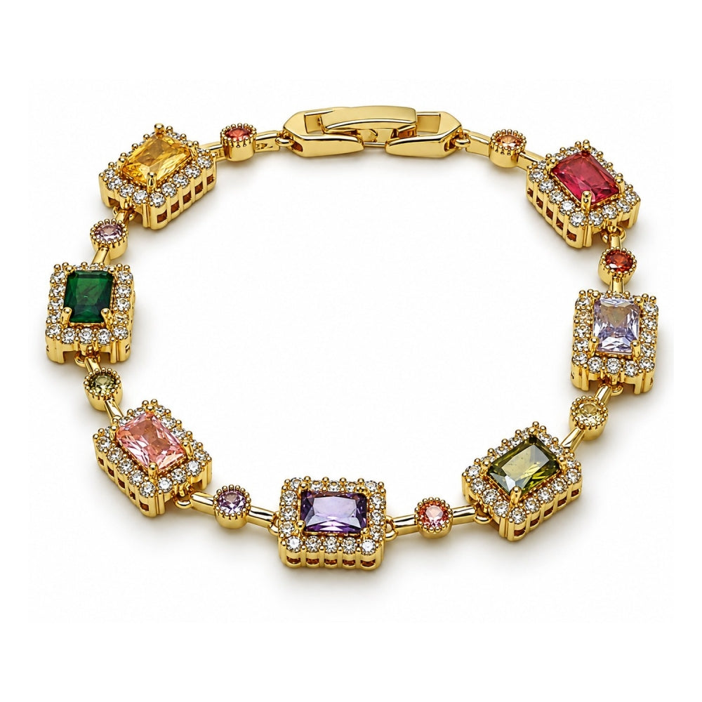 Oro Laminado Tennis Bracelet, Gold Filled Style Cluster Design, with Multicolor and White Cubic Zirconia, Polished, Golden Finish