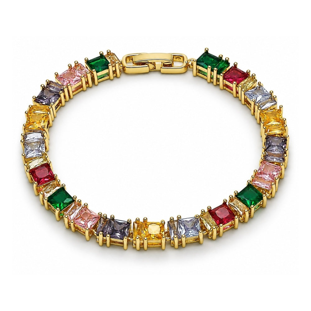 Oro Laminado Tennis Bracelet, Gold Filled Style Baguette Design, with Multicolor Cubic Zirconia, Polished, Golden Finish