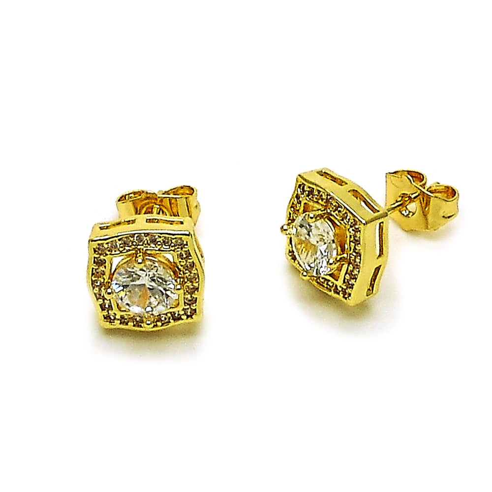 Oro Laminado Stud Earring, Gold Filled Style Cluster Design, with White Cubic Zirconia, Polished, Golden Finish