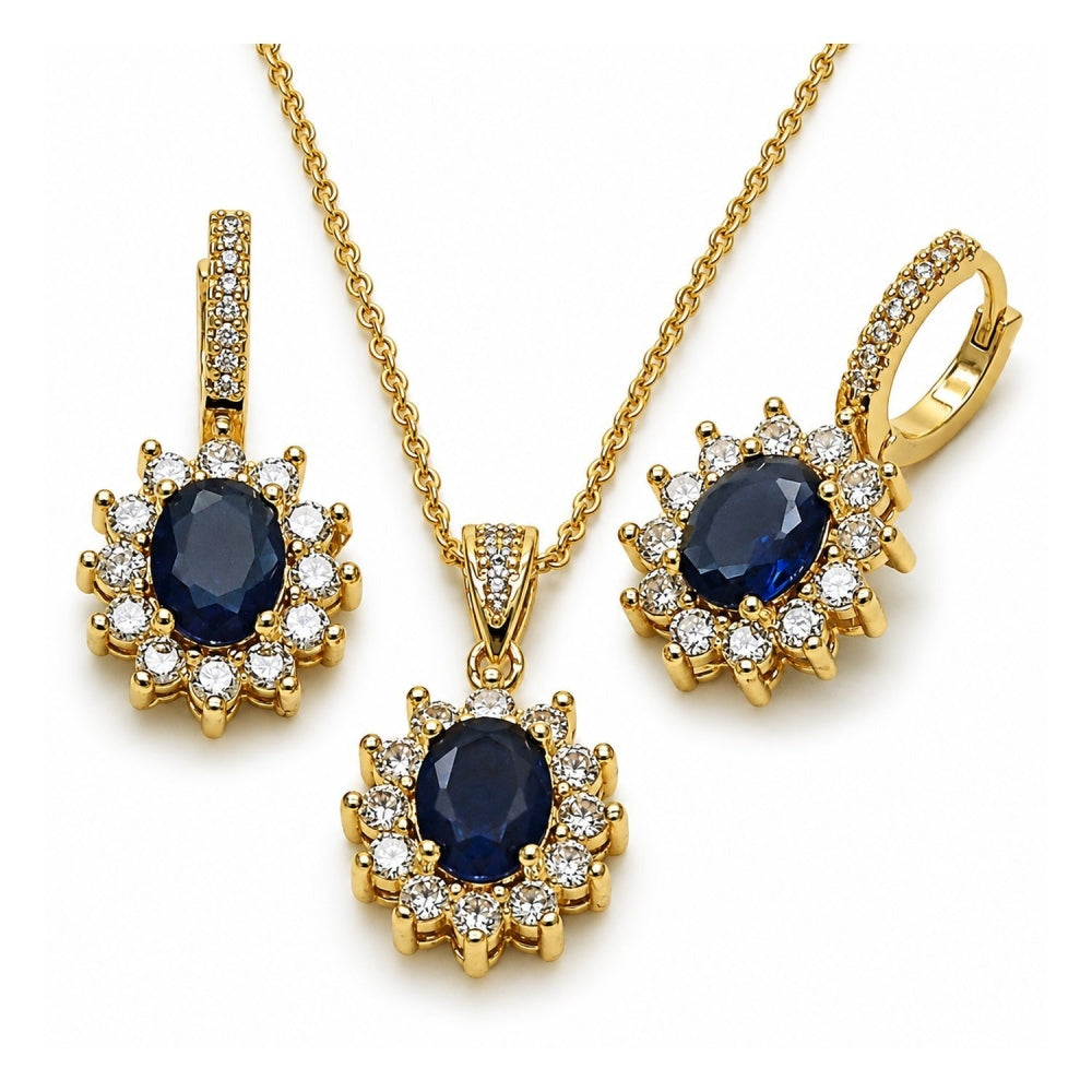 Oro Laminado Earring and Pendant Adult Set, Gold Filled Style Cluster Design, with Sapphire Blue and White Cubic Zirconia, Polished, Golden Finish