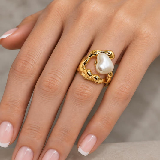 Oro Laminado Multi Stone Ring, Gold Filled Style Heart Design, with Ivory Mother of Pearl, Polished, Golden Finish
