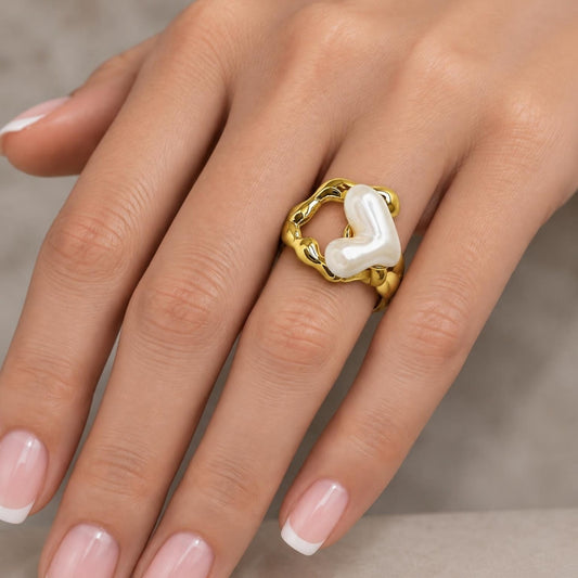 Oro Laminado Multi Stone Ring, Gold Filled Style Heart Design, with Ivory Mother of Pearl, Polished, Golden Finish
