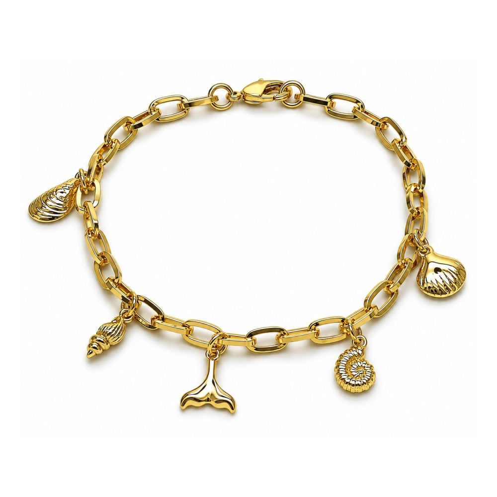 Oro Laminado Charm Bracelet, Gold Filled Style Shell and Snail Design, Polished, Golden Finish