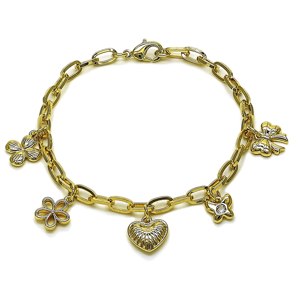 Oro Laminado Charm Bracelet, Gold Filled Style Heart and Flower Design, Polished, Golden Finish