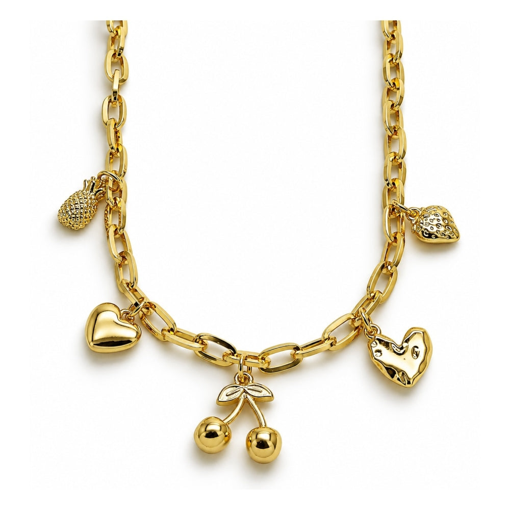 Oro Laminado Fancy Necklace, Gold Filled Style Cherry and Heart Design, Polished, Golden Finish