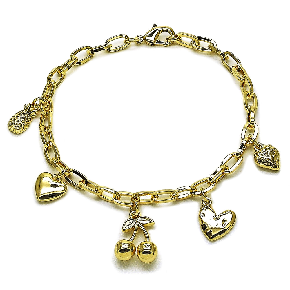 Oro Laminado Charm Bracelet, Gold Filled Style Cherry and Heart Design, Polished, Golden Finish