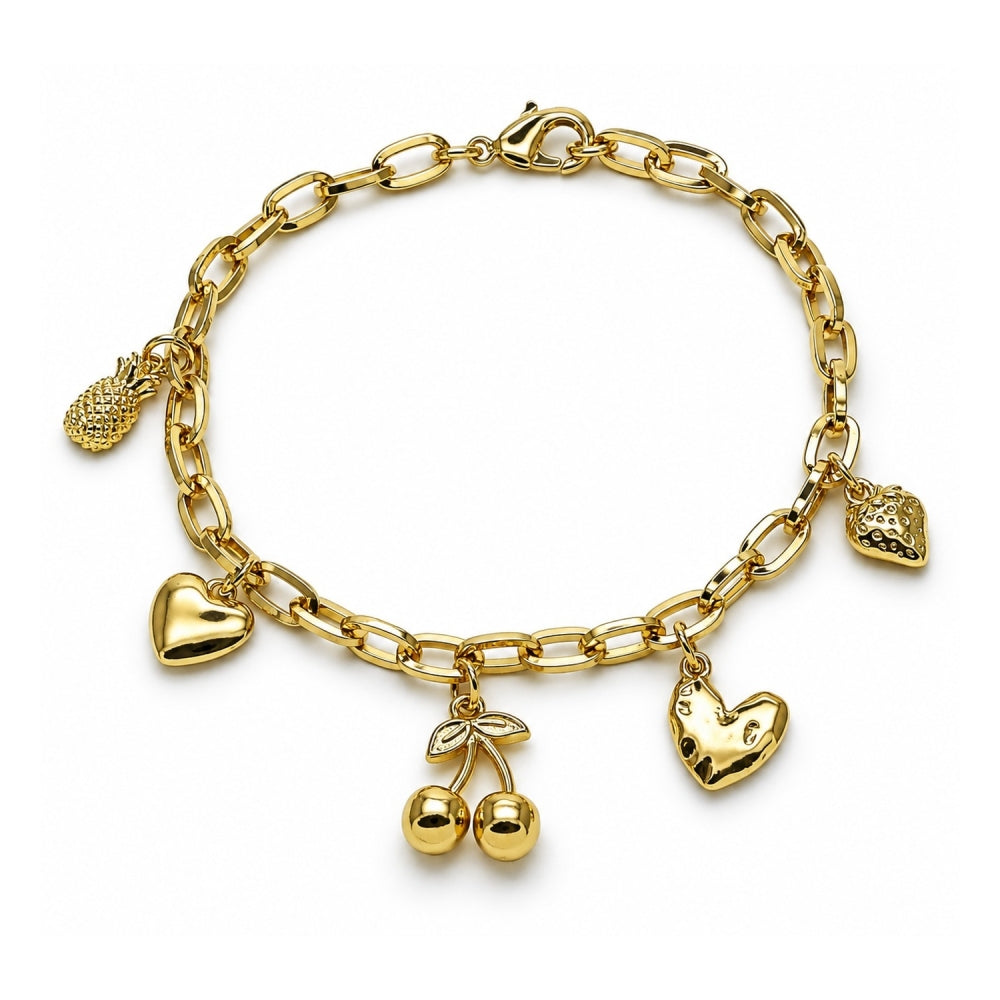 Oro Laminado Charm Bracelet, Gold Filled Style Cherry and Heart Design, Polished, Golden Finish