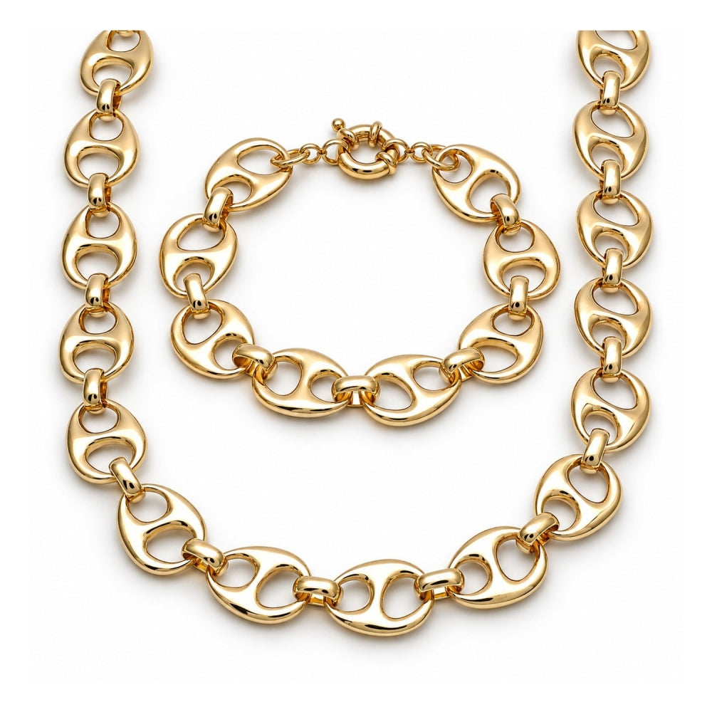 Oro Laminado Necklace and Bracelet, Gold Filled Style Puff Mariner and Mariner Design, Polished, Golden Finish