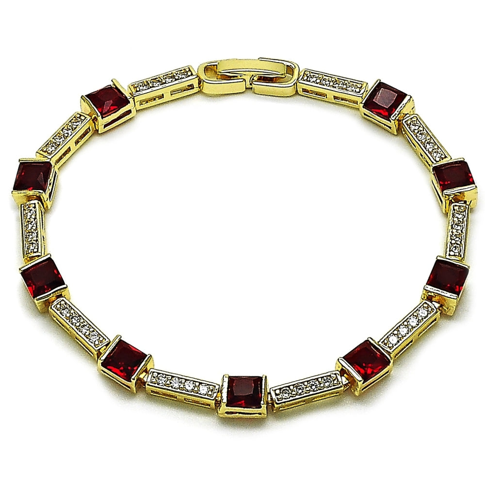Oro Laminado Tennis Bracelet, Gold Filled Style with Garnet and White Cubic Zirconia, Polished, Golden Finish