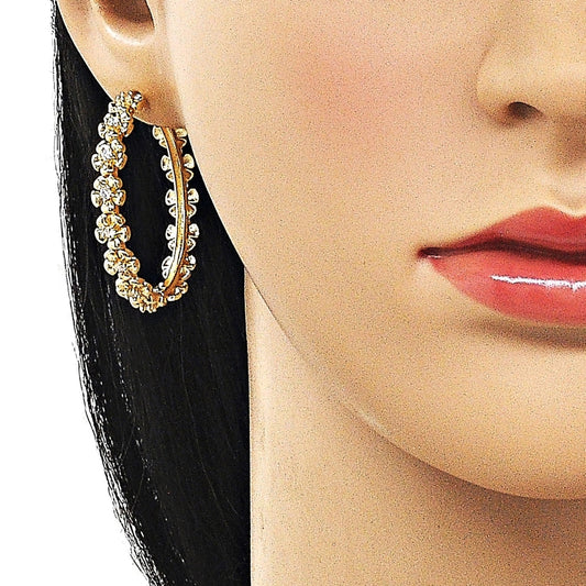 Oro Laminado Huggie Hoop, Gold Filled Style Flower Design, with White Cubic Zirconia, Polished, Golden Finish