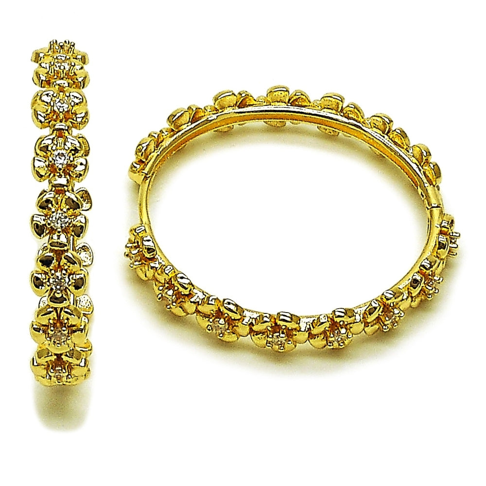 Oro Laminado Huggie Hoop, Gold Filled Style Flower Design, with White Cubic Zirconia, Polished, Golden Finish
