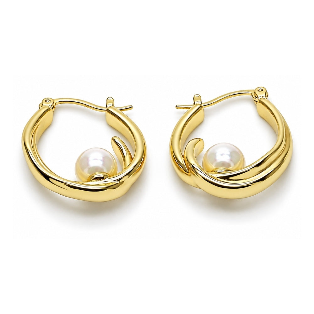 Oro Laminado Small Hoop, Gold Filled Style Ball Design, with Ivory Pearl, Polished, Golden Finish