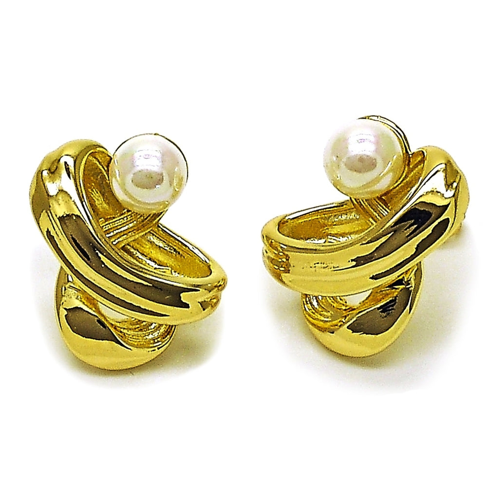 Oro Laminado Stud Earring, Gold Filled Style Ball Design, with Ivory Pearl, Polished, Golden Finish
