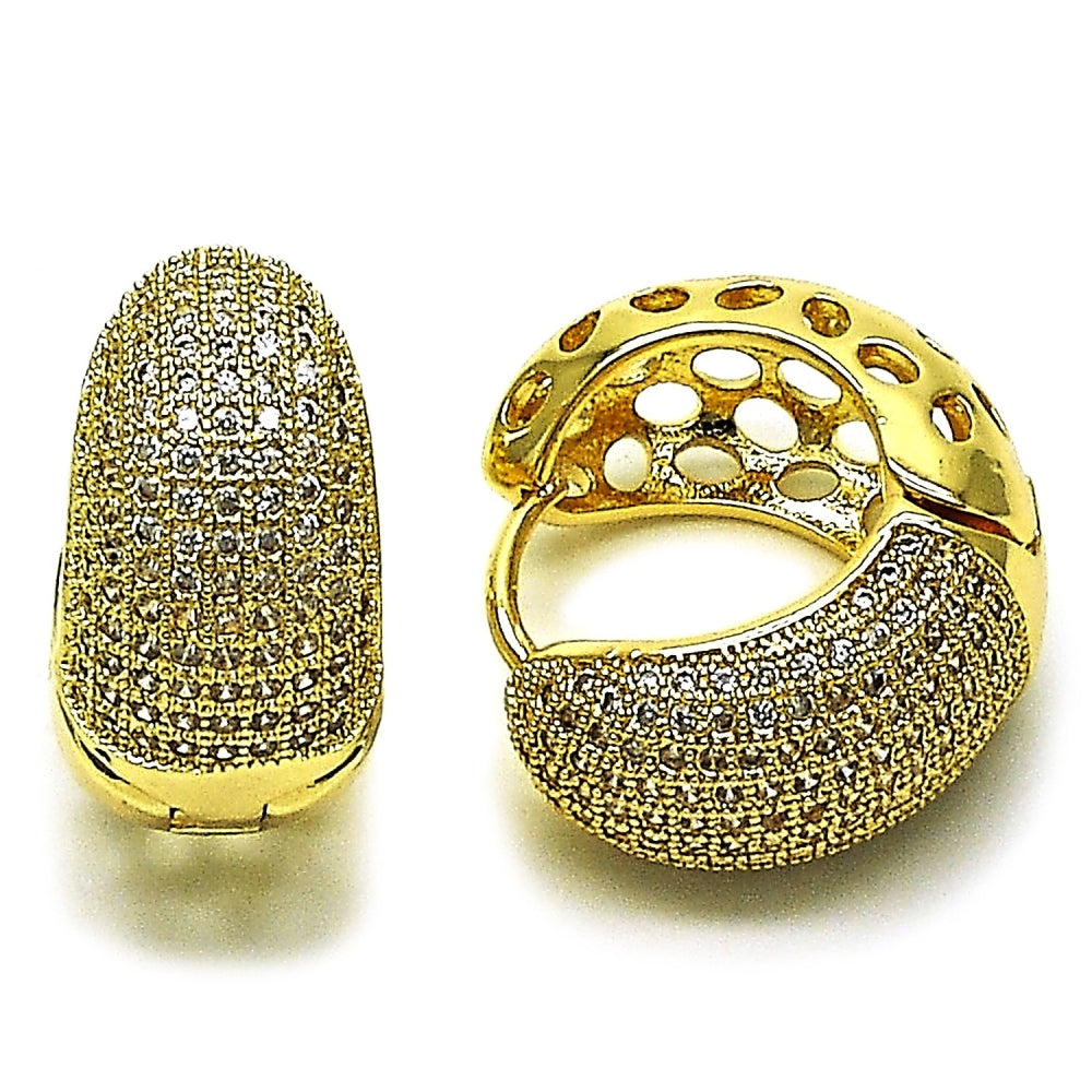 Oro Laminado Huggie Hoop, Gold Filled Style with White Cubic Zirconia, Polished, Golden Finish