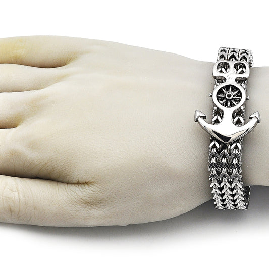 Stainless Steel Fancy Bracelet, Anchor and Square Franco Design, Polished, Steel Finish