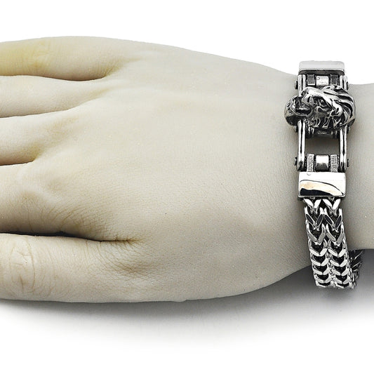 Stainless Steel Fancy Bracelet, Lion and Square Franco Design, Polished, Steel Finish
