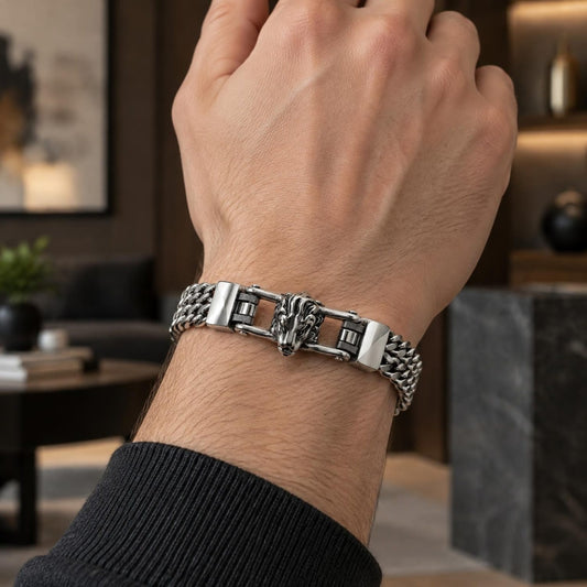 Stainless Steel Fancy Bracelet, Lion and Square Franco Design, Polished, Steel Finish
