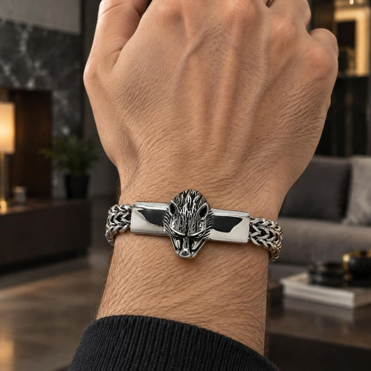 Stainless Steel Fancy Bracelet, Lion Design, Polished, Steel Finish
