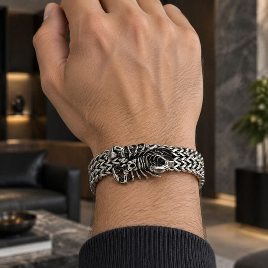 Stainless Steel Fancy Bracelet, Scorpion and Square Franco Design, Polished, Steel Finish