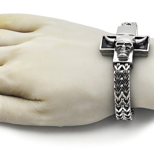 Stainless Steel Fancy Bracelet, Skull and Square Franco Design, Polished, Steel Finish