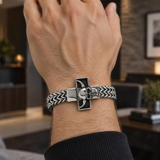 Stainless Steel Fancy Bracelet, Skull and Square Franco Design, Polished, Steel Finish