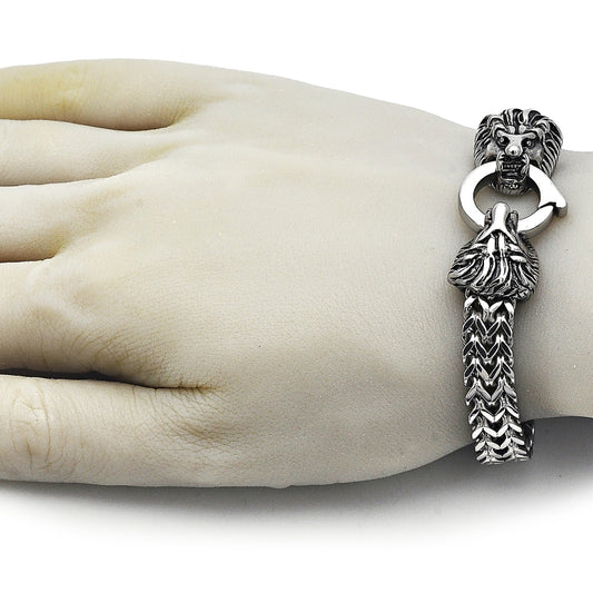 Stainless Steel Fancy Bracelet, Lion and Square Franco Design, Polished, Steel Finish