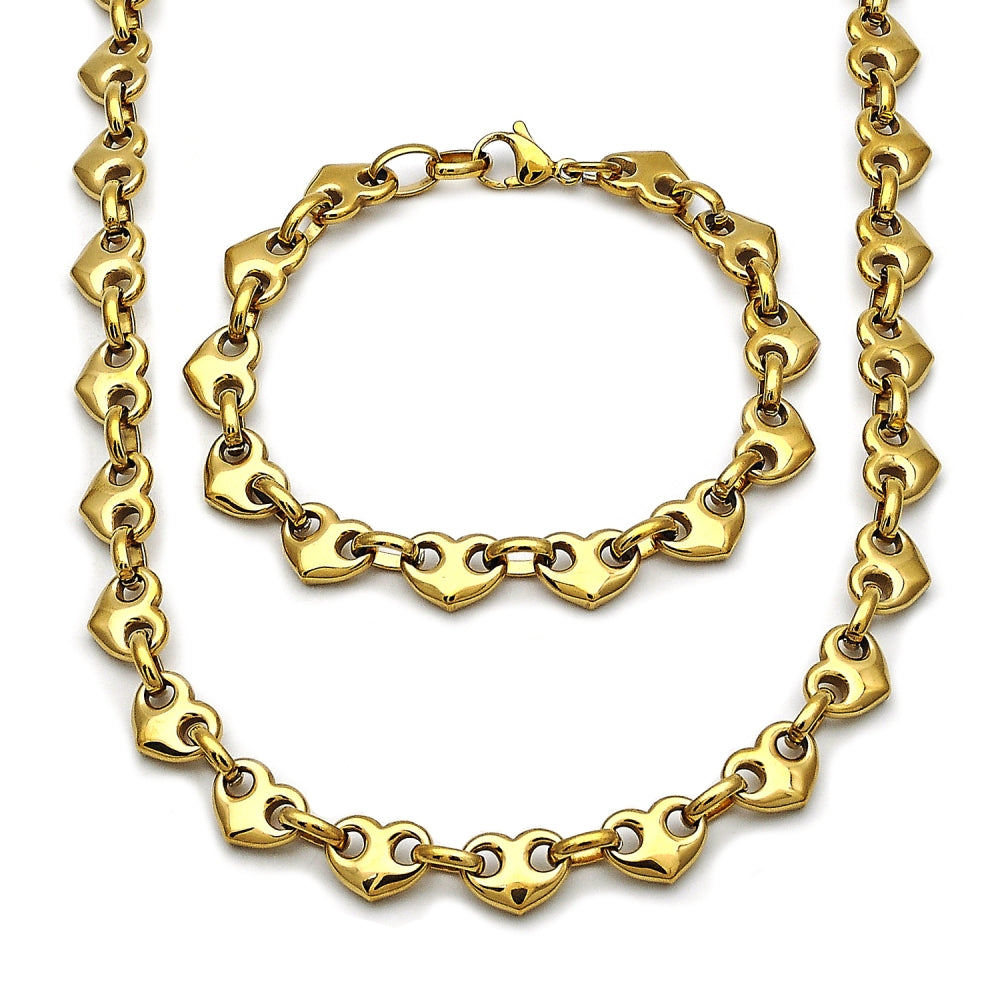 Stainless Steel Necklace and Bracelet, Heart Design, Polished, Golden Finish