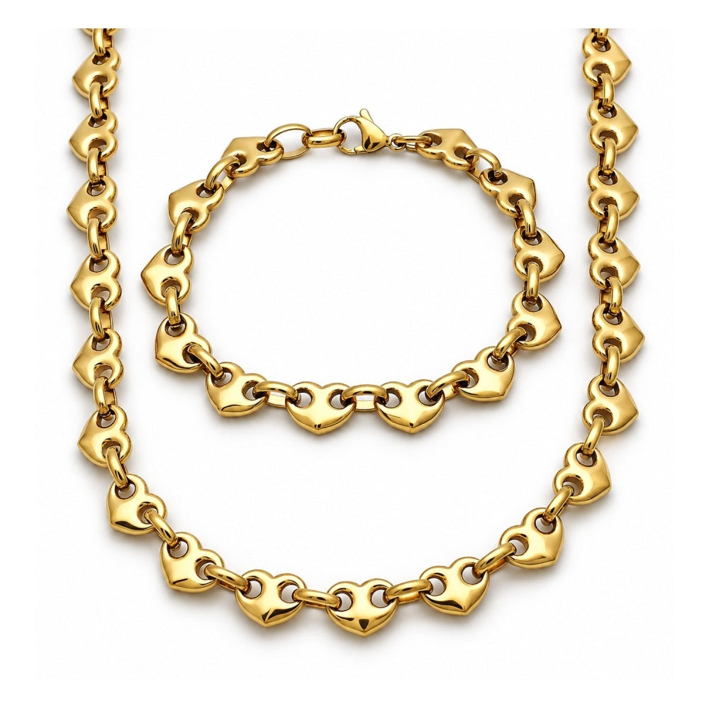 Stainless Steel Necklace and Bracelet, Heart Design, Polished, Golden Finish