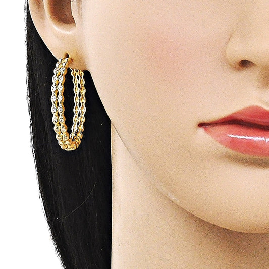 Oro Laminado Huggie Hoop, Gold Filled Style Ball Design, with White Cubic Zirconia, Polished, Golden Finish