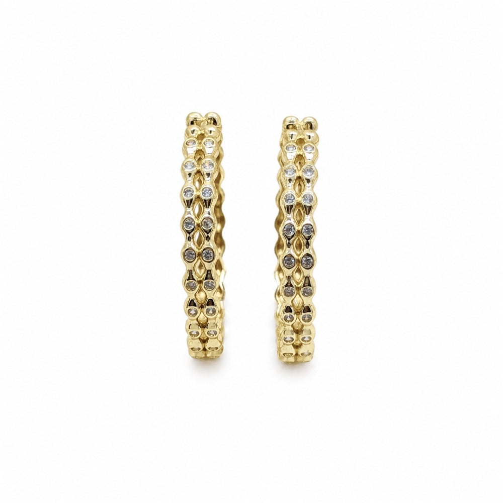 Oro Laminado Huggie Hoop, Gold Filled Style Ball Design, with White Cubic Zirconia, Polished, Golden Finish