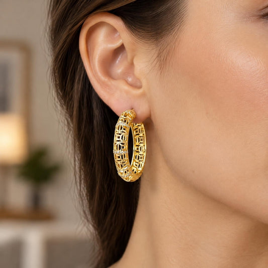 Oro Laminado Huggie Hoop, Gold Filled Style Filigree Design, with White Micro Pave, Polished, Golden Finish