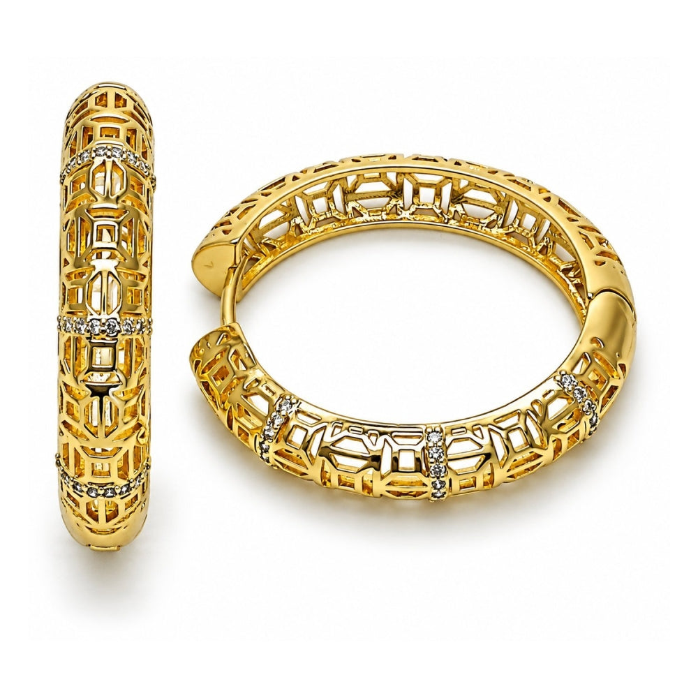 Oro Laminado Huggie Hoop, Gold Filled Style Filigree Design, with White Micro Pave, Polished, Golden Finish