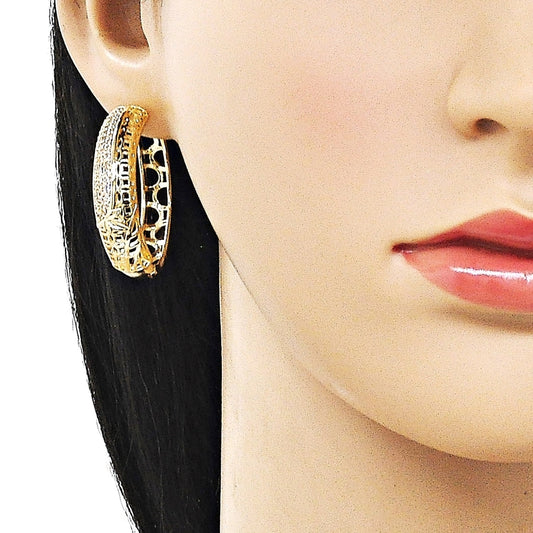 Oro Laminado Huggie Hoop, Gold Filled Style Leaf Design, with White Cubic Zirconia, Polished, Golden Finish