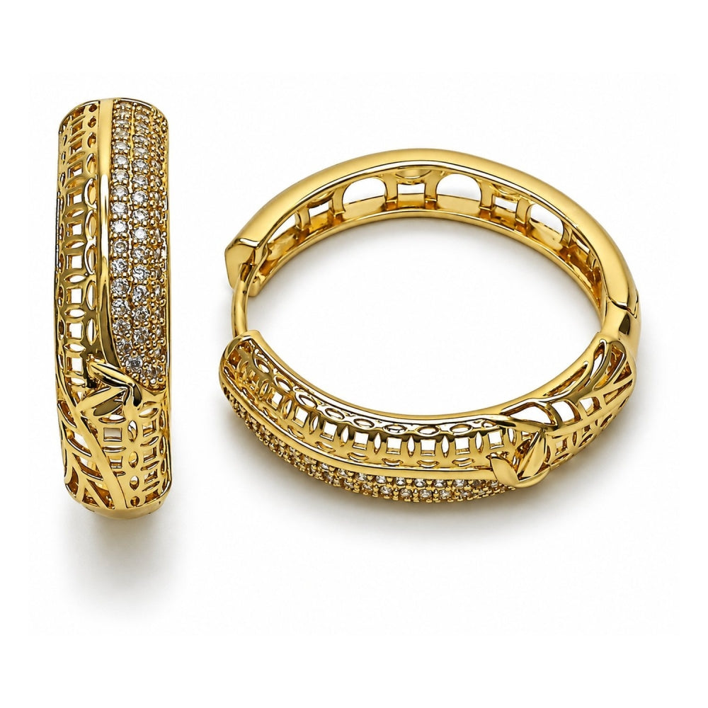 Oro Laminado Huggie Hoop, Gold Filled Style Leaf Design, with White Cubic Zirconia, Polished, Golden Finish